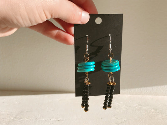 Blue Howlite Stack & Onyx Drop Earrings