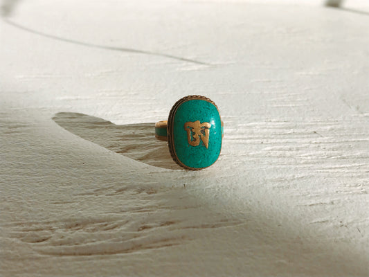 Tibetan Om Crushed Turquoise & Brass Ring